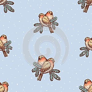 Seamless background of sketches bullfinches on branches on snowy frosty winter day