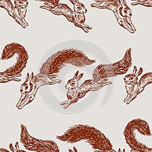 Seamless background of sketches cartoon red jumping wild squirrels