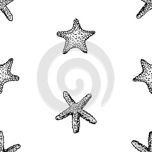 Seamless background of sketches cartoon starfishes