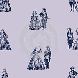Seamless background of sketches  couple young people in historical costumes 18th century