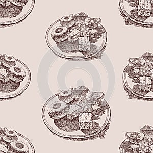 Seamless background of sketches different delicious cakes on plate
