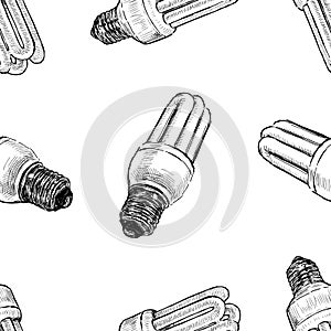 Seamless background of sketches of energy saving light bulbs