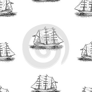 Seamless background of sketches of old sailing ships