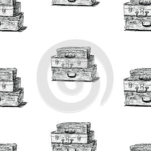 Seamless background of sketches of old suitcases
