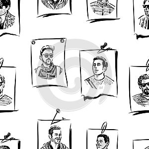 Seamless background of sketches portraits various young men on note sheets paper