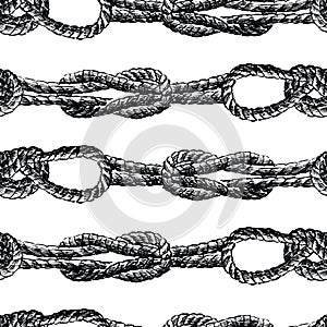 Seamless background of sketches of rigging rope tied in knots
