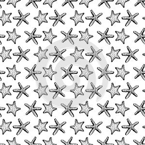 Seamless background of sketches starfishes