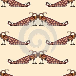 Seamless background of stylized decorative peackoks
