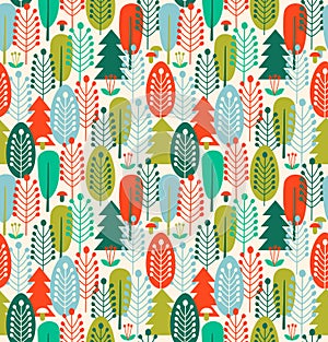 Seamless background with stylized trees. Nordic forest pattern.