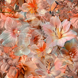 Seamless background with summer and spring flowers. Collage. Angelcore style