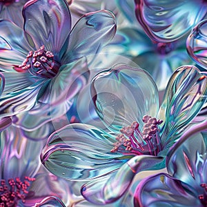 Seamless background with summer and spring flowers. Collage. Glass material style