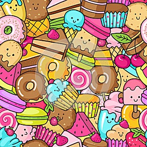 Seamless background of sweet and dessert doodle, cake, sweet donat, cookies and macaron