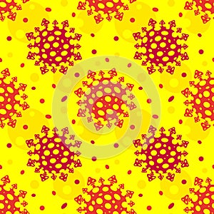 Seamless background from the symbols of the virus, coronavirus, COVID-19 on a yellow background. Vector