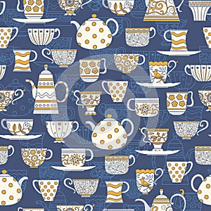 Seamless background with teacups and teapots