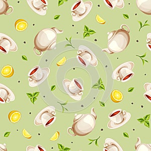 Seamless background with teapots, cups of tea, lemons and tea leaves. Vector illustration.
