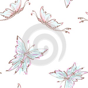 Seamless background from tender butterflies. Beautiful light blue butterflies chaotically fly. Seamless soft background