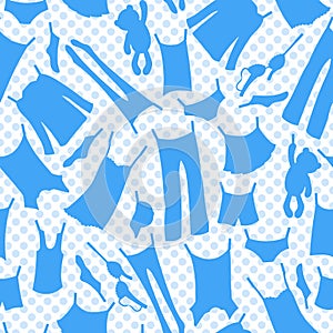 Seamless background on the theme of washing and cleanliness, various clothes ,blue silhouettes icons on a blue background polka do