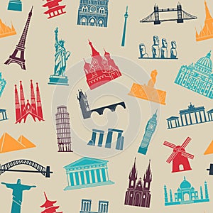 Seamless background with tourist attractions and architectural landmarks