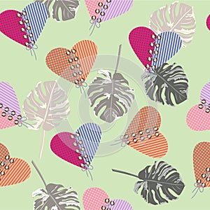 Seamless background with tropical leaves and hearts. Design for cloth, wallpaper, gift wrapping. Print for silk, calico and home