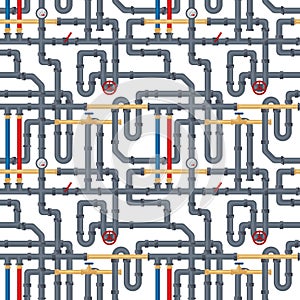 Seamless background with tubes and pipelines on white. Flat elements of water tubing. Plumbing fo gas, oil industry