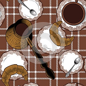 Seamless background with a turkish cezve pot cup of hot drink coffee spoon coffee pot