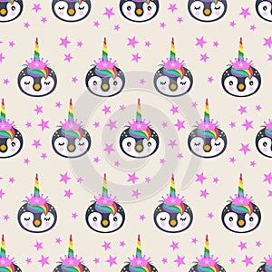 Seamless background of unicorn penguin face with stars