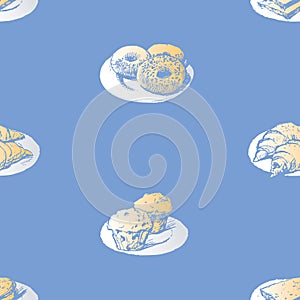 Seamless background of various drawn pastries for breakfast