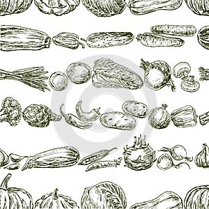 Seamless background of various vegetables sketches