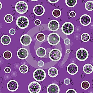 Seamless background with various wheels on purple