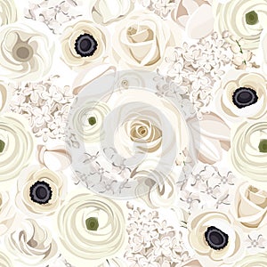 Seamless background with various white flowers. Vector illustration. photo