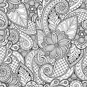 Seamless background in vector with doodles, flowers and paisley.