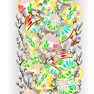 Seamless background vertical border with easter eggs and pussy willow vector Illustration for use in interior design, artwork,