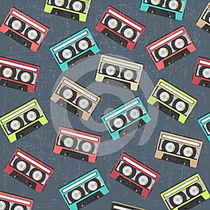 seamless background with vintage analogue music recordable cassettes