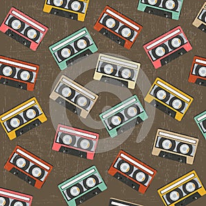 seamless background with vintage analogue music recordable cassettes