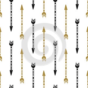 Seamless background of vintage arrow in black and gold colors. Hand drawn arrows vector