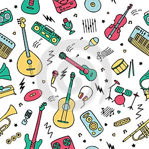Seamless background for wallpaper and fabric. Music instruments icons. Hand drawn vector