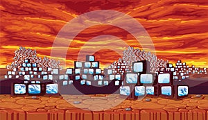 Seamless background - wasteland with ominous sky, scrapyard of pyramids retro TV