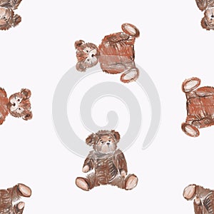 Seamless background of watercolor brush drawings old stuffed toys teddy bears