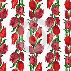 Seamless background from watercolor drawings of red tulips with green leaves in rows