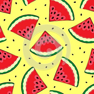 Seamless background with watermelon. Pieces of watermelon on a yellow background. A simple pattern. Vector illustrati photo