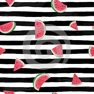Seamless background with watermelon slices on black and white watercolor stripes . design for holiday greeting card and invitation
