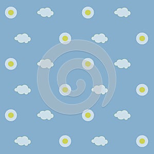 Seamless background, white daisies with yellow center, white clouds on a light blue background, sky, day