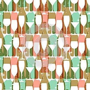 Seamless background with wine bottles and glasses. Bright colors wine pattern for web, poster, textile, print and other design. Re