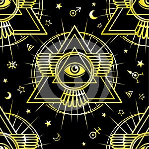 Seamless background: Winged pyramid, all-seeing eye. Space symbols. photo