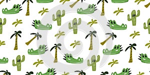 Seamless background withc rocodile head among cacti and palms. Decorative cute wallpaper for the nursery in the Scandinavian style photo