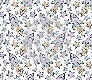 Seamless background withrocket and stars.
