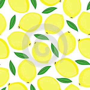 Seamless background with yellow lemons and green leaves.