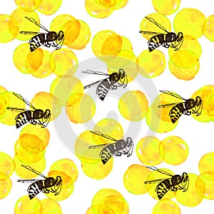 Seamless background with yellow watercolor circles and bees