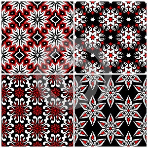 Seamless backgrounds. Black white and red classic sets with floral patterns