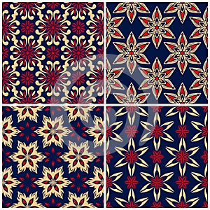 Seamless backgrounds. Blue beige and red classic sets with floral patterns